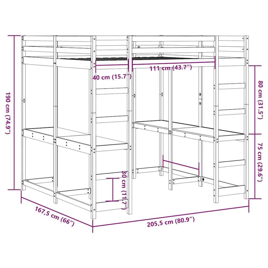 Lit superposé et bureau et échelle 160x200cm bois de pin massif - 10