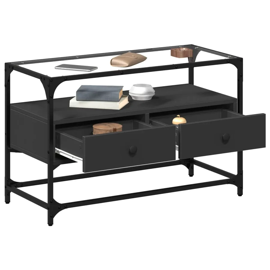 Meuble TV et dessus en verre noir 80x35x51 cm bois d'ingénierie - 3