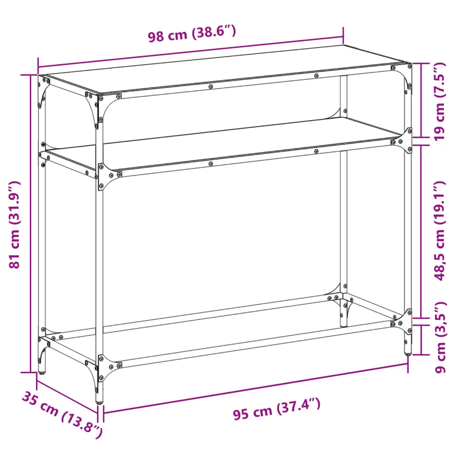 Table console avec dessus en verre noir 98x35x81 cm acier - 9