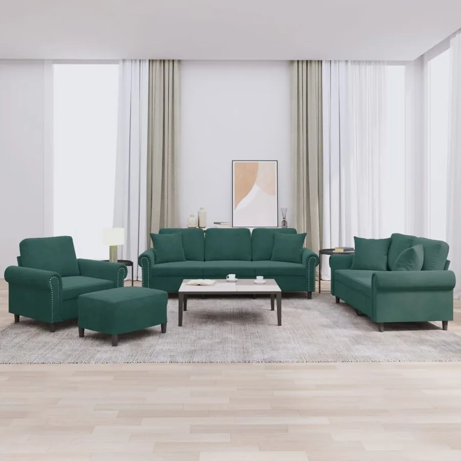 Ensemble de canapés 4 pcs avec coussins vert foncé velours