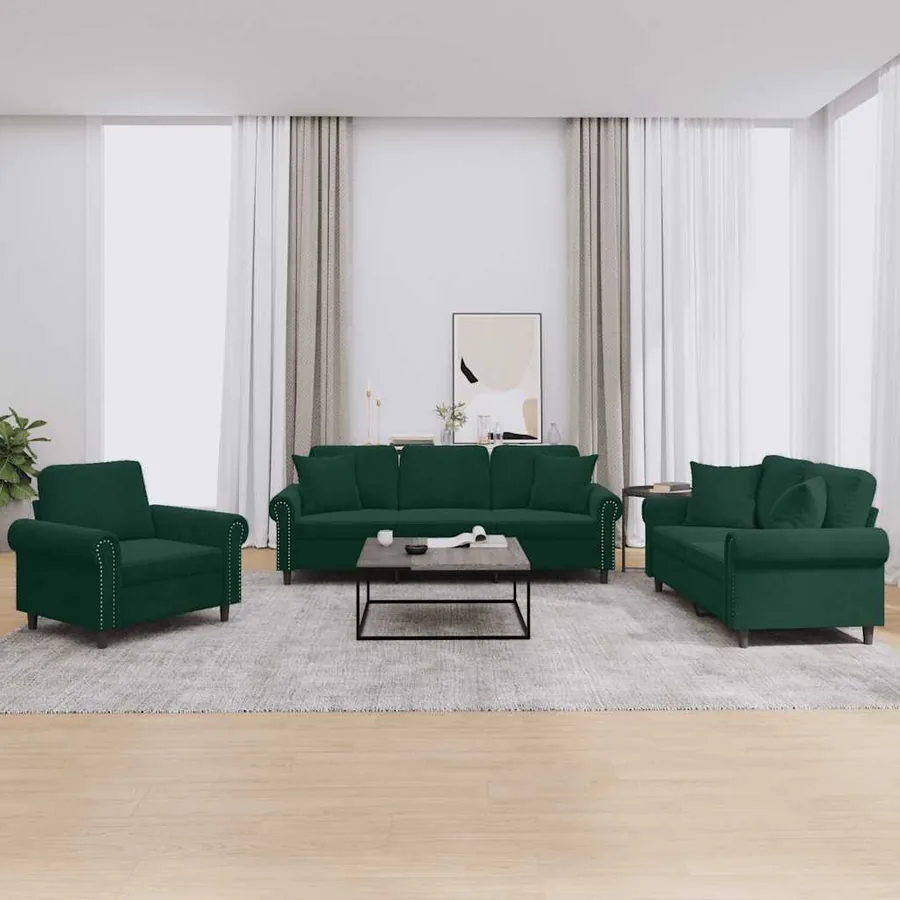 Ensemble de canapés 3 pcs avec coussins vert foncé velours