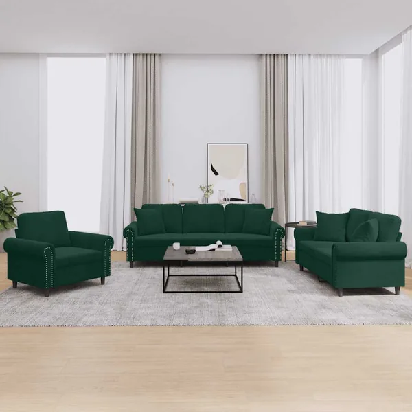 Ensemble de canapés 3 pcs avec coussins vert foncé velours