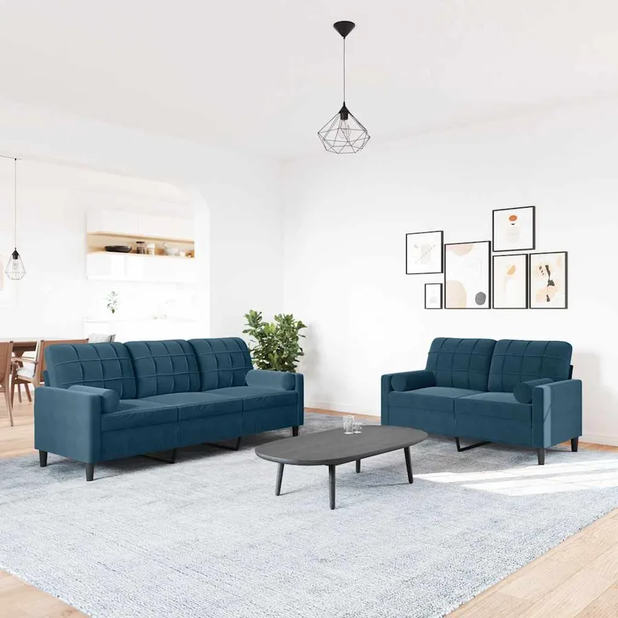 Ensemble de canapés 2pcs et coussins et traversins bleu velours - 3