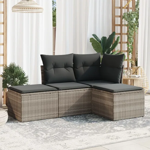 Salon de jardin 4 pcs avec coussins gris clair résine tressée