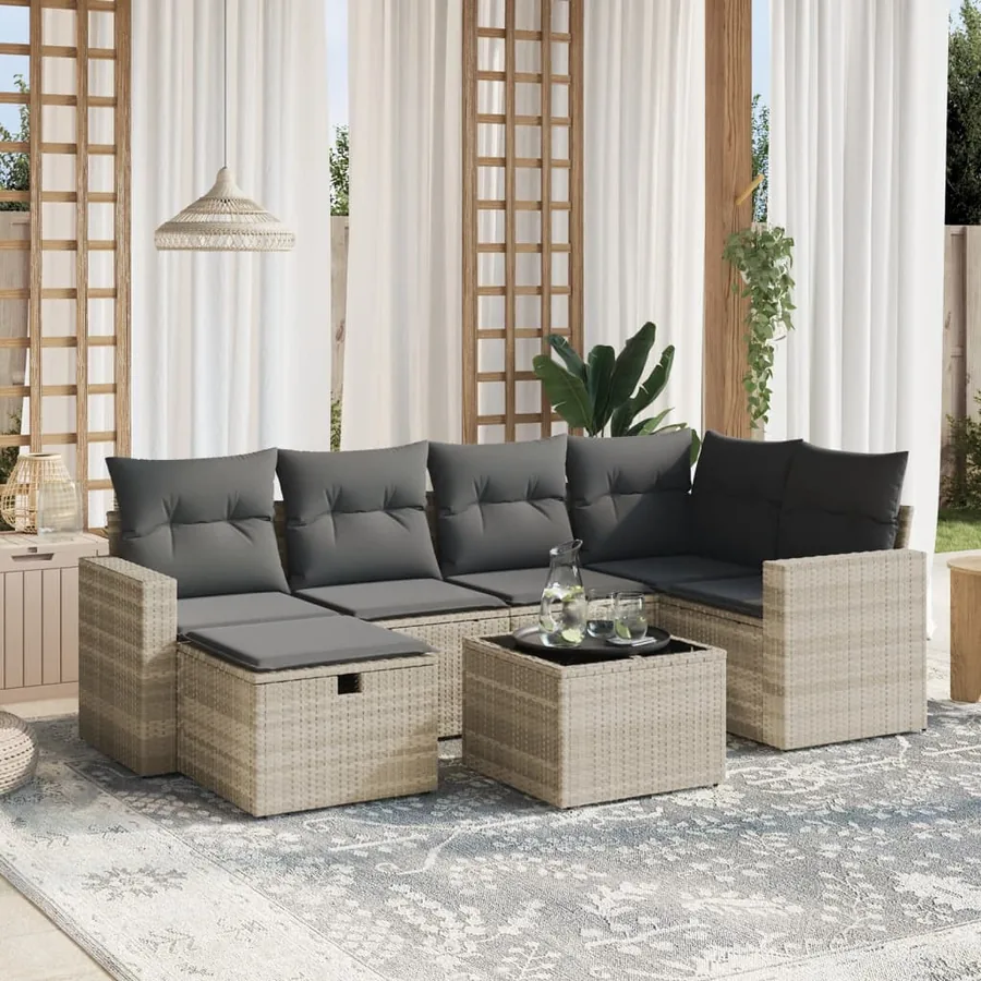 Salon de jardin avec coussins 7 pcs gris clair résine tressée