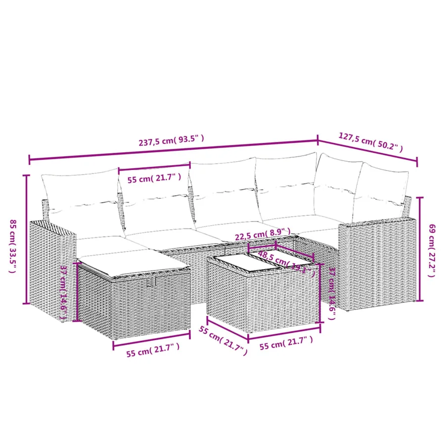 Salon de jardin avec coussins 7 pcs gris clair résine tressée - 4