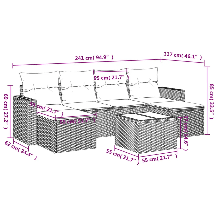 Salon de jardin avec coussins 7 pcs gris clair résine tressée - 3