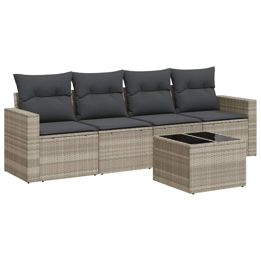 Salon de jardin 5 pcs avec coussins gris clair résine tressée - 2