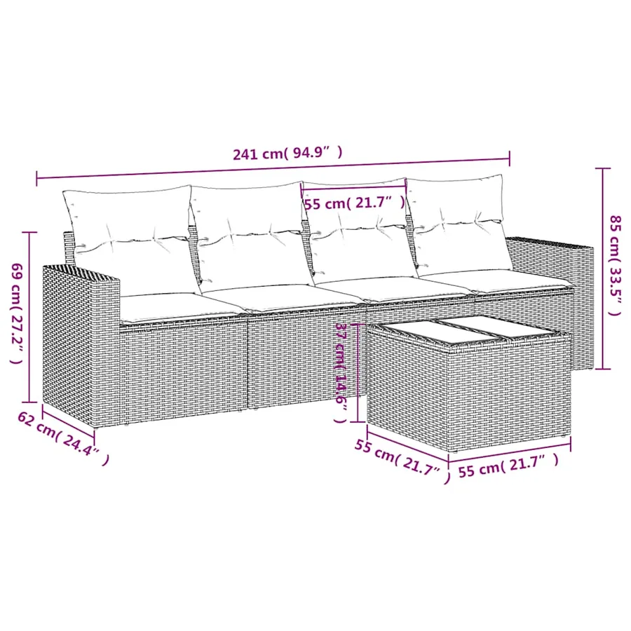 Salon de jardin 5 pcs avec coussins gris clair résine tressée - 3