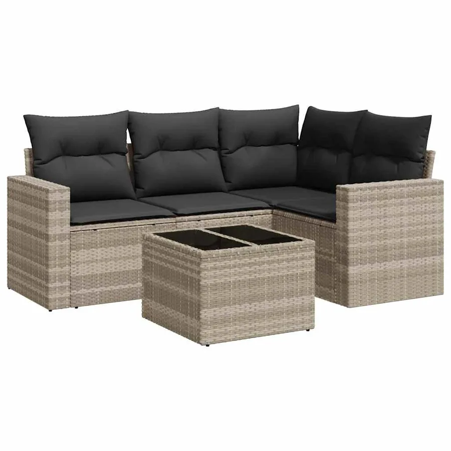 Salon de jardin 5 pcs avec coussins gris clair résine tressée - 2
