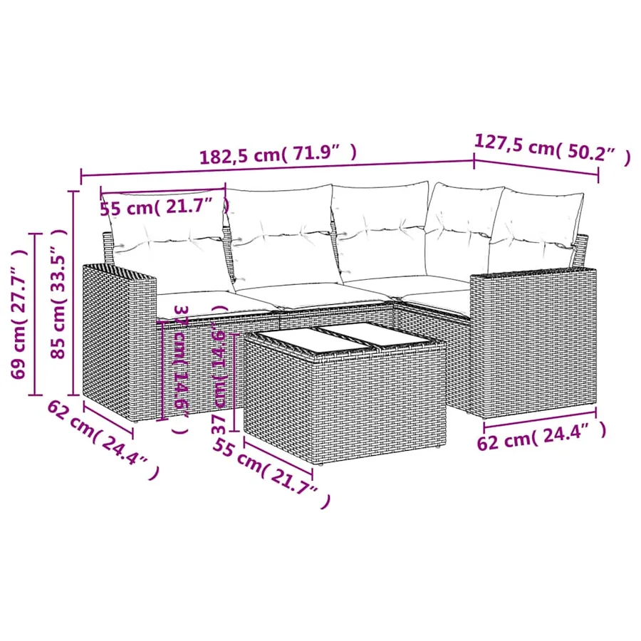 Salon de jardin 5 pcs avec coussins gris clair résine tressée - 3