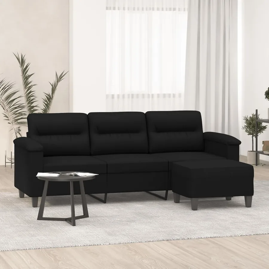 Canapé 3 places avec repose-pieds Noir 180 cm Tissu microfibre