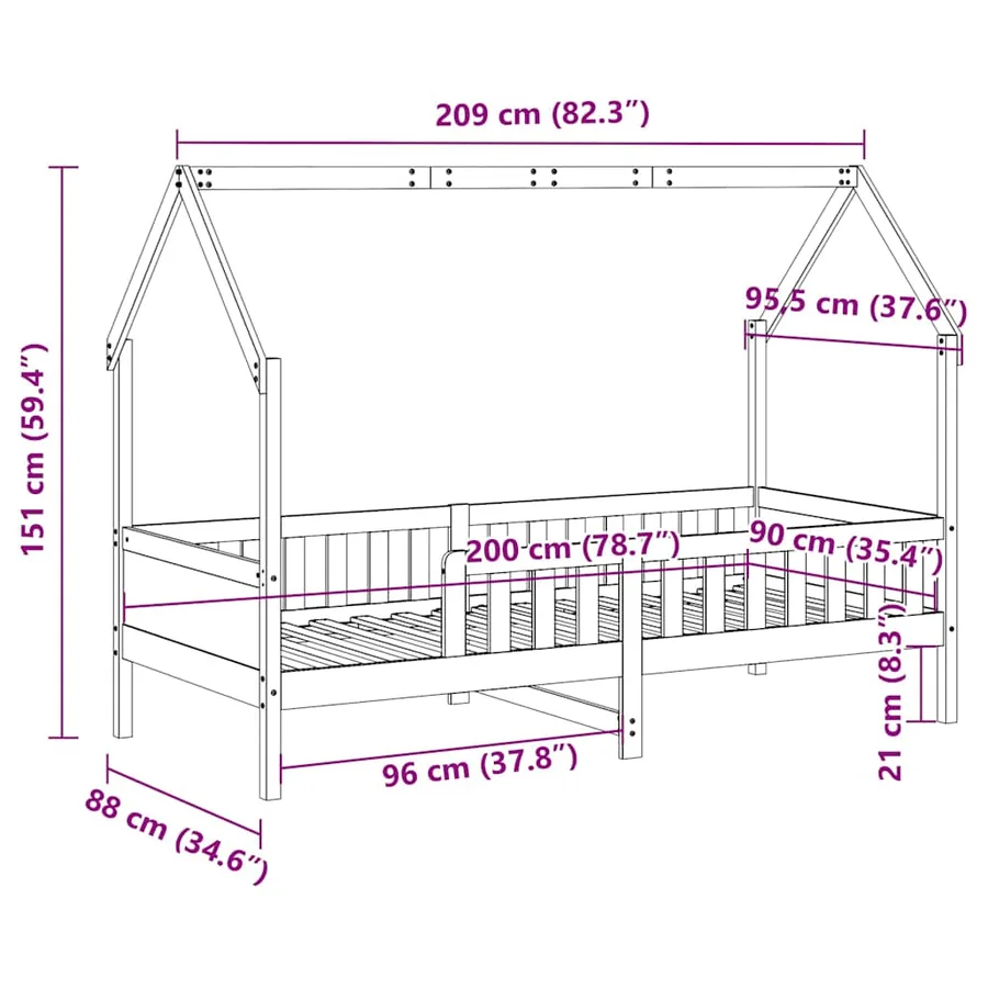 Cadre de lit d'enfants forme de maison sans matelas pin - 9