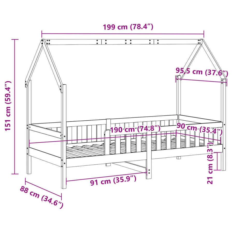 Cadre de lit d'enfants forme de maison sans matelas pin - 9