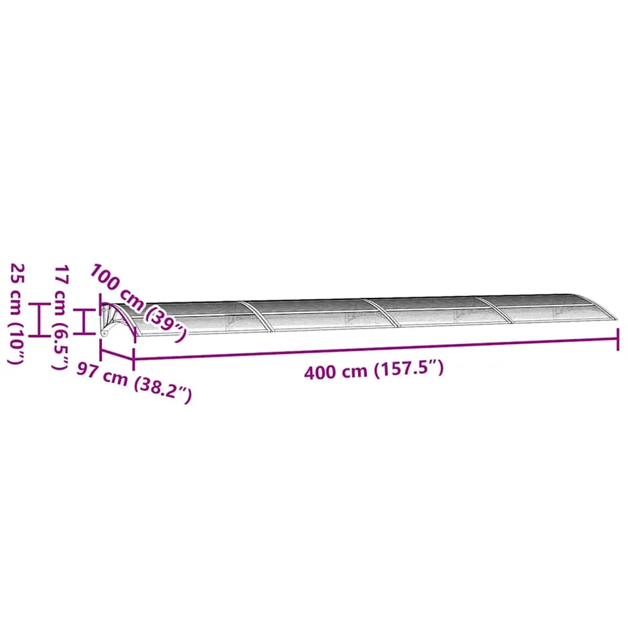 Auvent de porte gris 400 x 100 cm Polycarbonate - 7