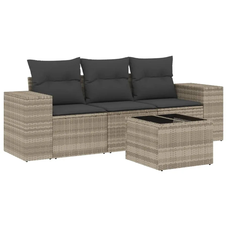 Salon de jardin 4 pcs avec coussins gris clair résine tressée - 2