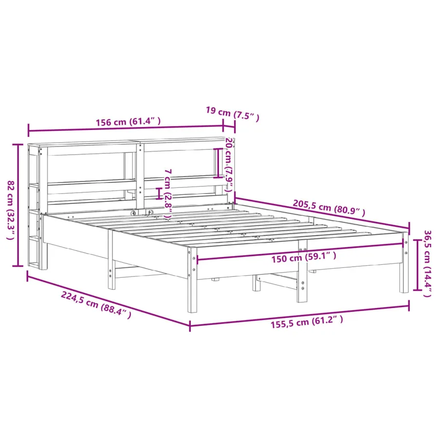 Cadre de lit sans matelas blanc 150x200 cm bois de pin massif - 12