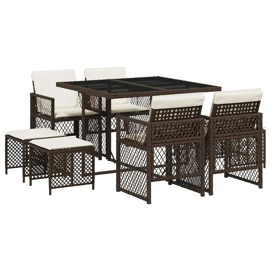 Ensemble à manger de jardin et coussins 9 pcs marron poly rotin - 2