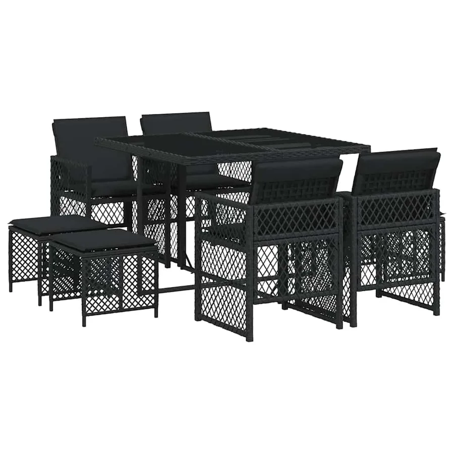 Ensemble à manger de jardin 9pcs coussins noir résine tressée - 2