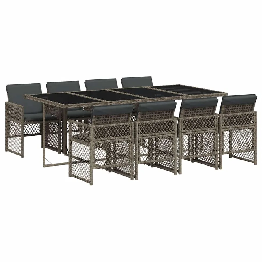 Ensemble à manger de jardin 9 pcs coussins gris résine tressée - 2