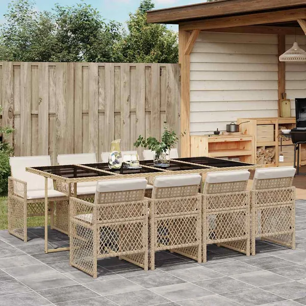 Ensemble à manger de jardin et coussins 9 pcs beige Poly rotin