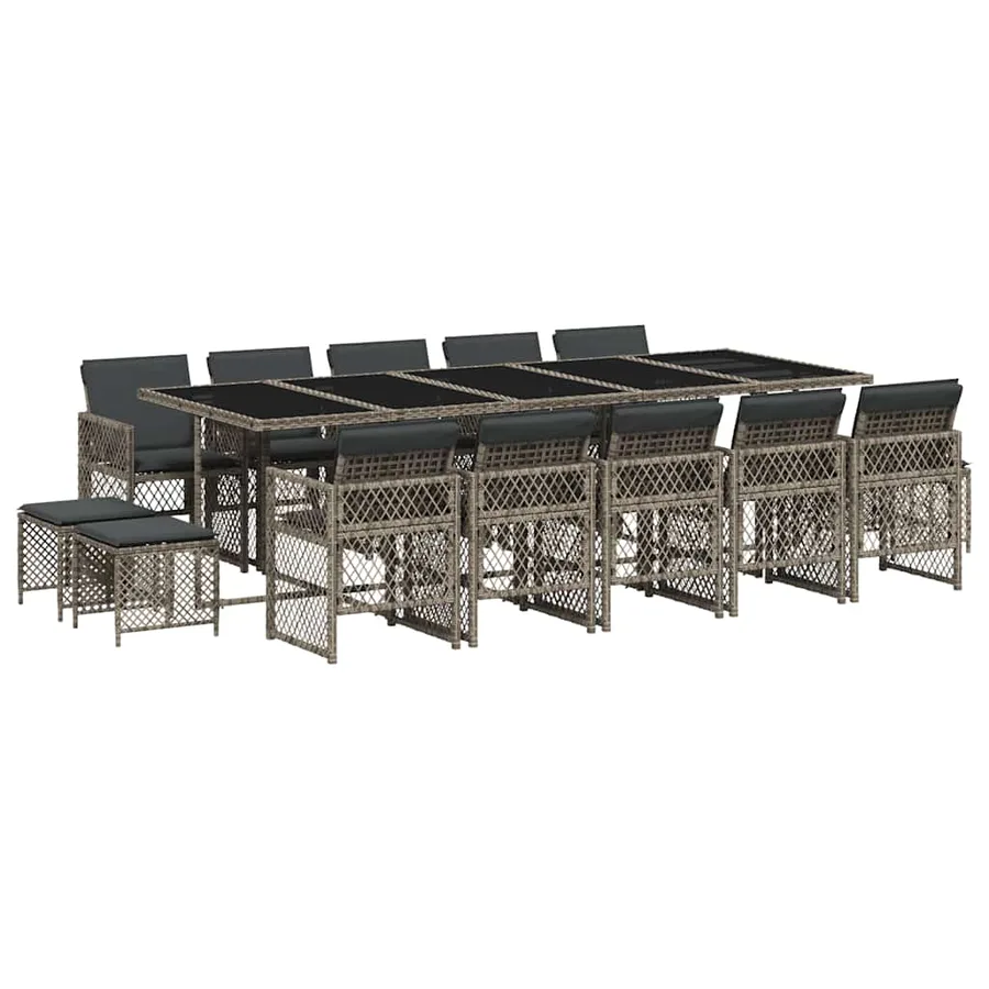 Ensemble à manger de jardin 15 pcs coussins gris résine tressée - 2