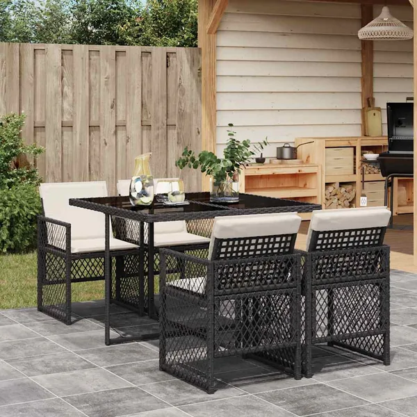 Ensemble à manger de jardin coussins 5pcs noir résine tressée
