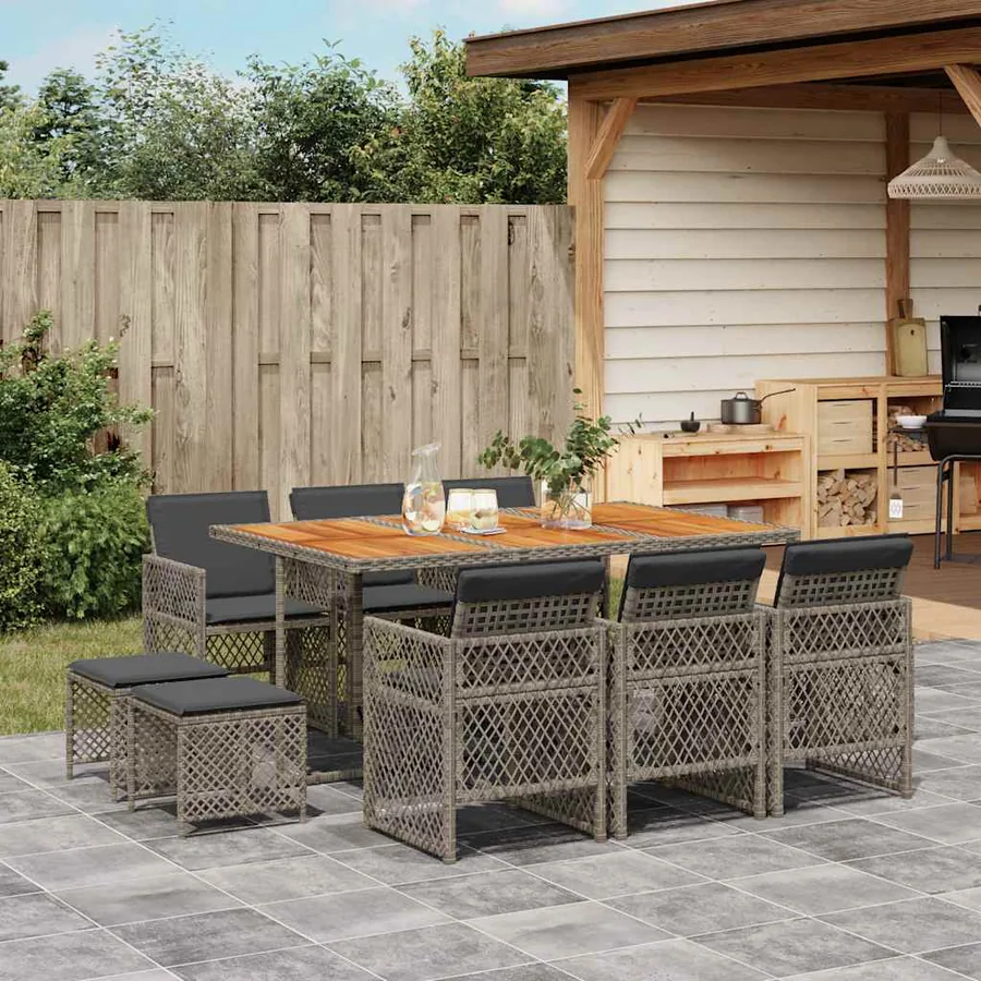 Ensemble à manger de jardin 11pcs avec coussins gris poly rotin