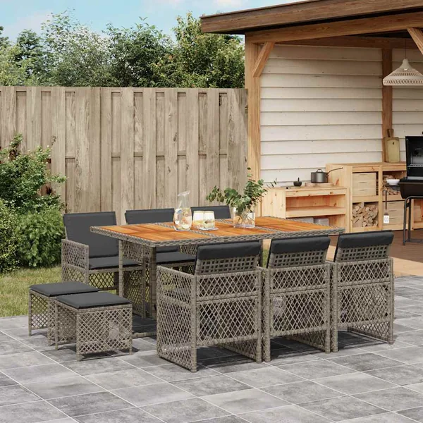 Ensemble à manger de jardin 11pcs avec coussins gris poly rotin