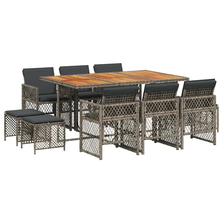 Ensemble à manger de jardin 11pcs avec coussins gris poly rotin - 2