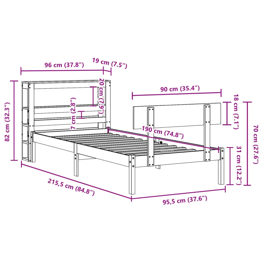 Cadre de lit sans matelas blanc 90x190 cm bois de pin massif - 12