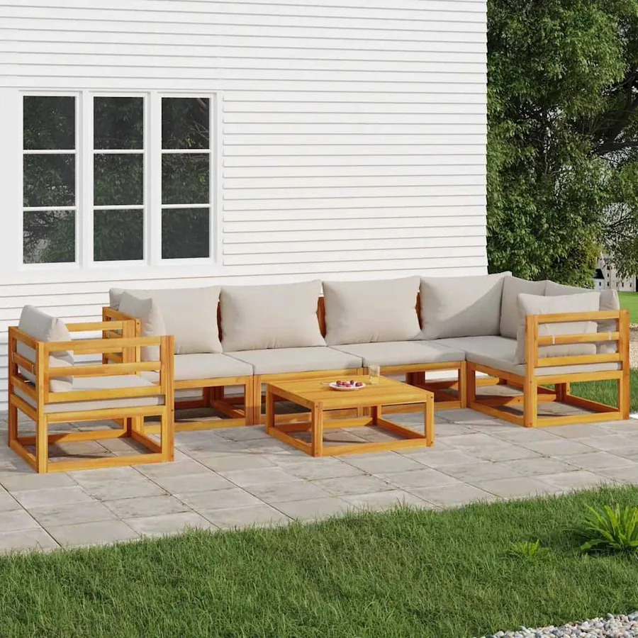 Salon de jardin 7 pcs avec coussins gris clair bois massif