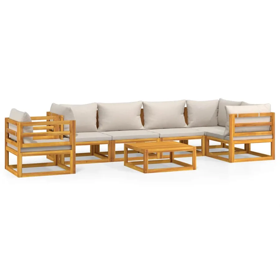 Salon de jardin 7 pcs avec coussins gris clair bois massif - 2