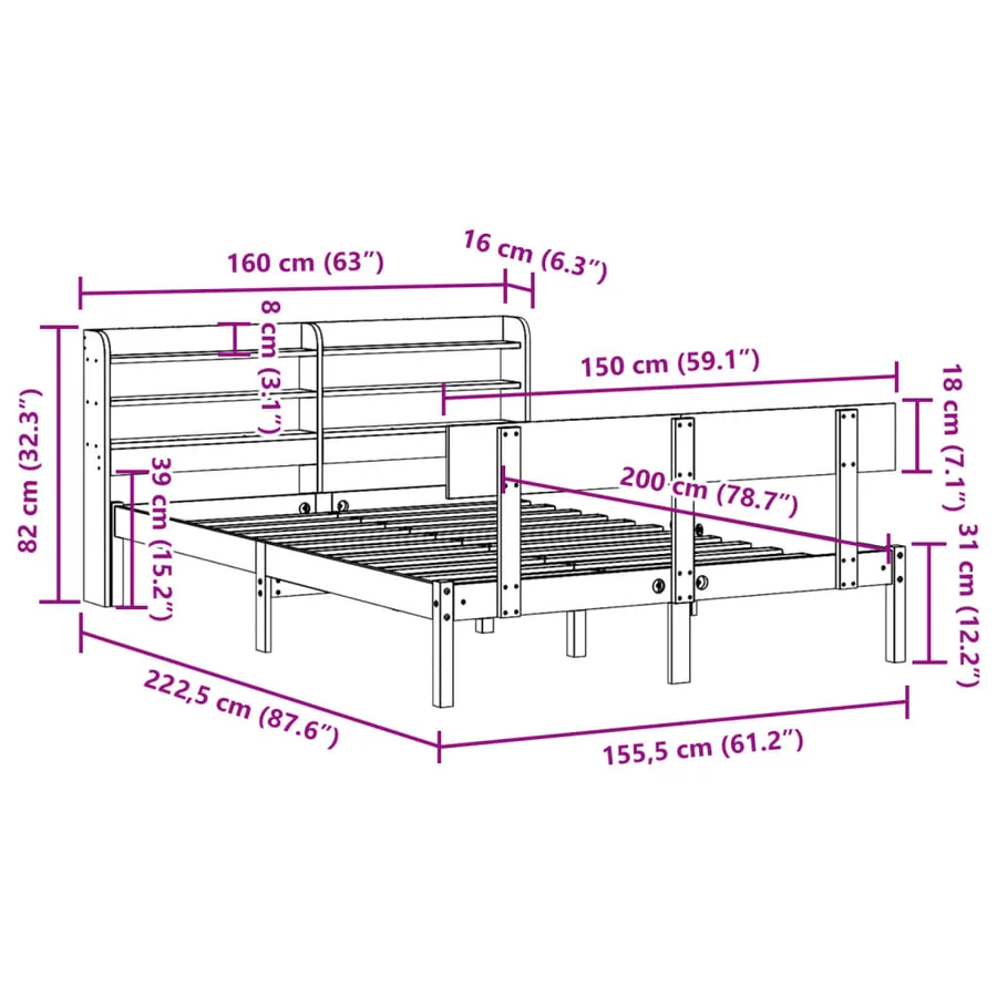 Cadre de lit sans matelas blanc 150x200 cm bois de pin massif - 12