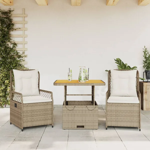 Ensemble à manger de jardin et coussins 3 pcs Beige poly rotin