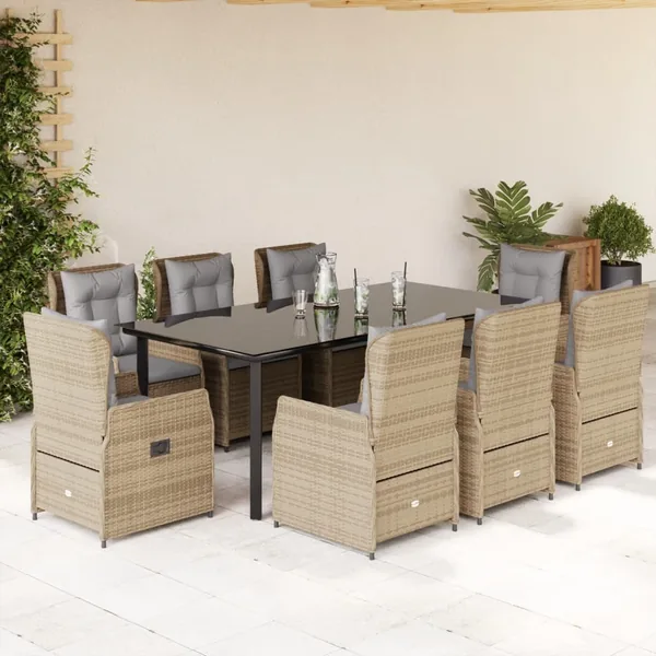 Ensemble à manger de jardin et coussins 9 pcs beige Poly rotin
