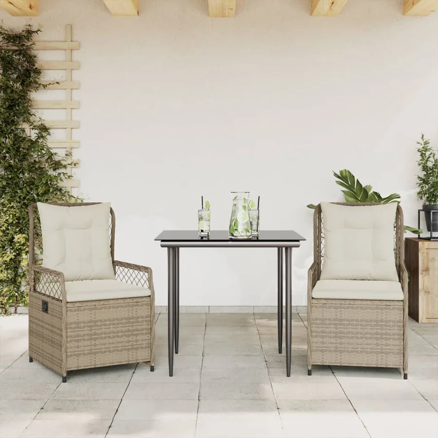 Ensemble à manger de jardin et coussins 3 pcs Beige poly rotin