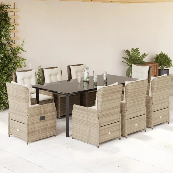 Ensemble à manger de jardin et coussins 9 pcs beige Poly rotin