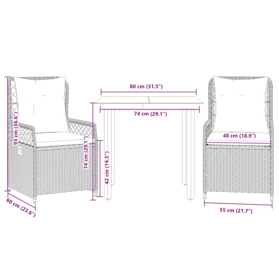 Ensemble à manger de jardin 3 pcs coussins gris résine tressée - 8
