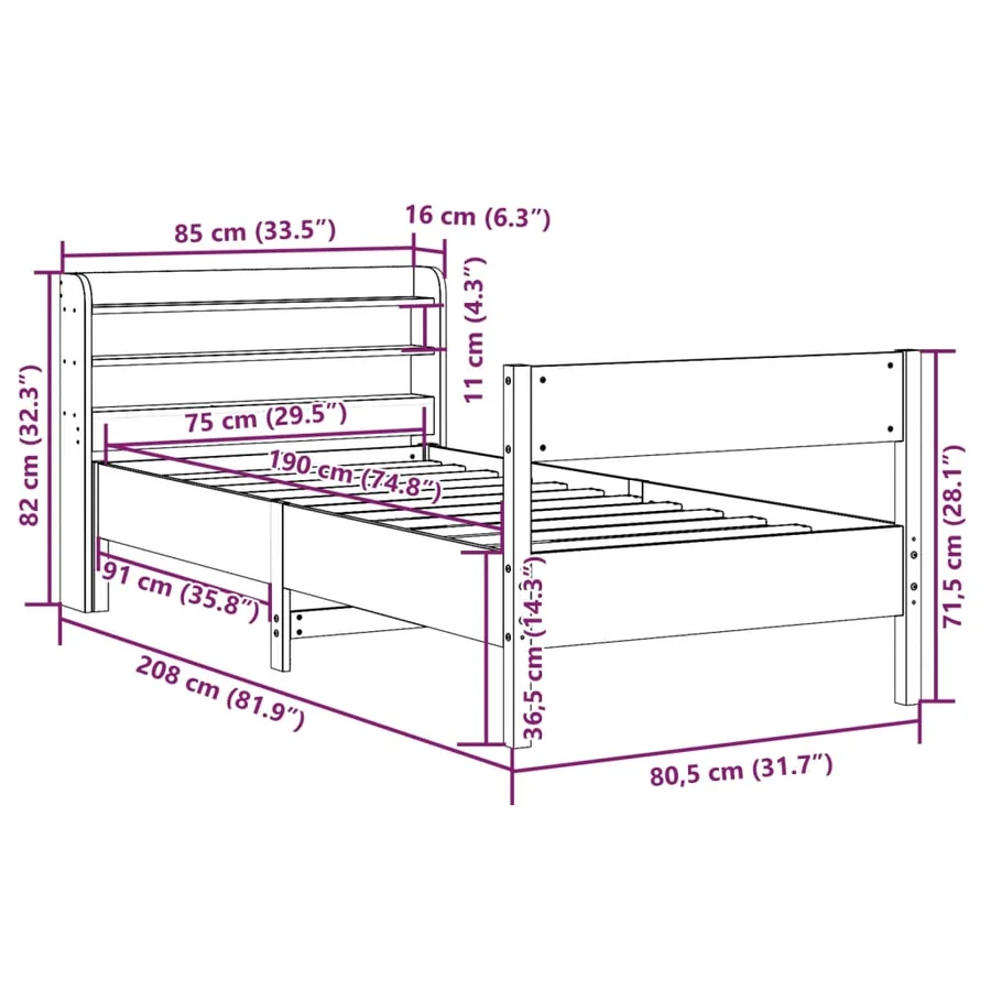 Cadre de lit sans matelas 75x190 cm bois de pin massif - 12