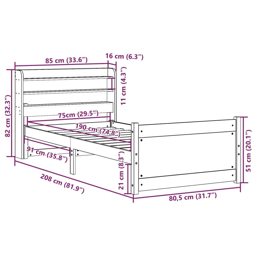 Cadre de lit avec tête de lit sans matelas 75x190 cm - 12