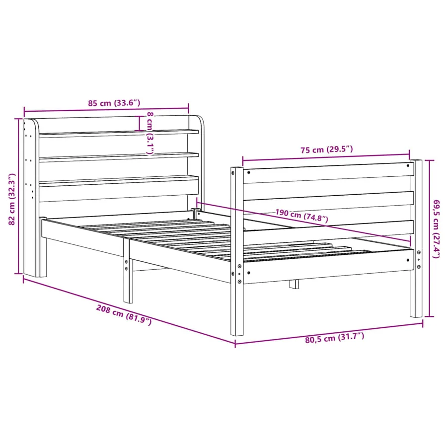 Cadre de lit sans matelas cire marron 75x190 cm bois pin massif - 12