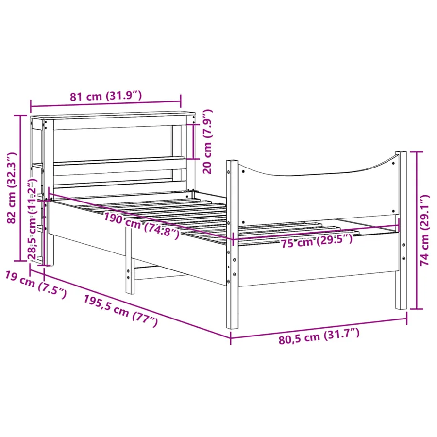 Cadre de lit avec tête de lit 75x190 cm bois de pin massif - 11