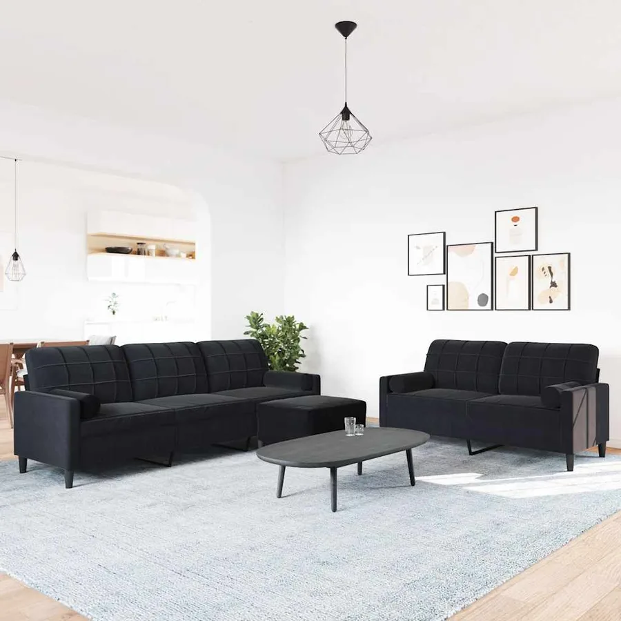 Ensemble de canapés 3pcs et coussins et traversins noir velours - 3