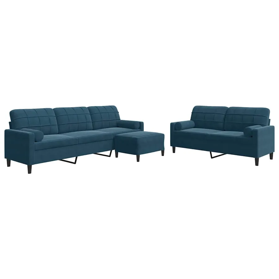 Ensemble de canapés 3pcs et coussins et traversins bleu velours - 2