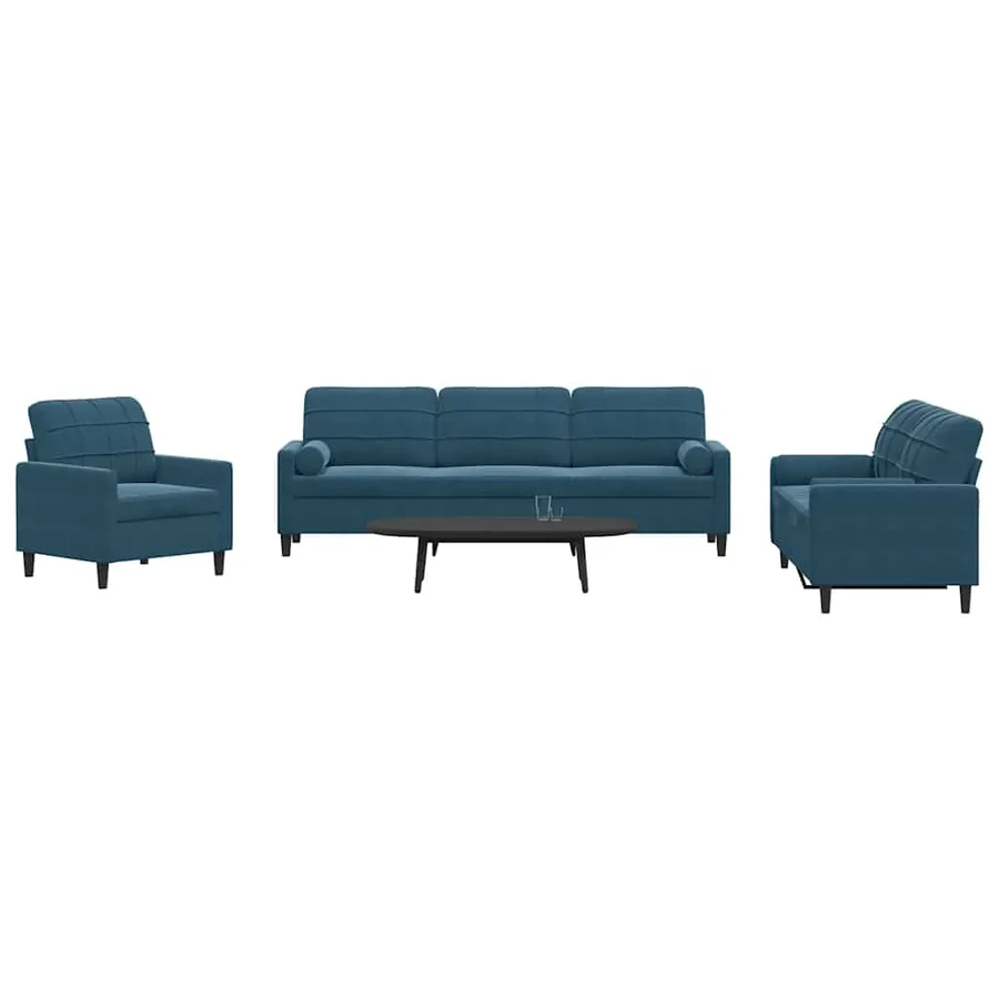 Ensemble de canapés 3pcs et coussins et traversins bleu velours