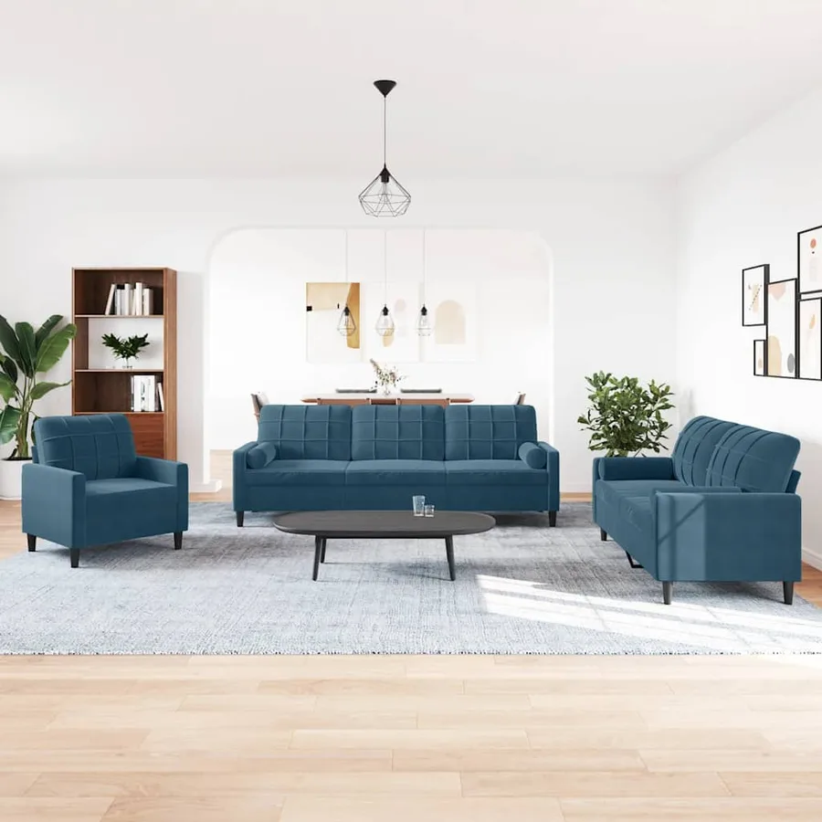 Ensemble de canapés 3pcs et coussins et traversins bleu velours - 3
