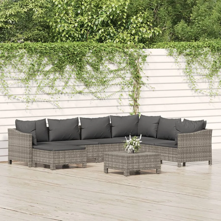 Salon de jardin 8 pcs avec coussins Gris Résine tressée