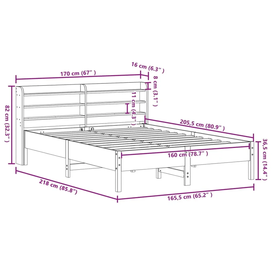 Cadre de lit sans matelas 160x200 cm bois massif de pin - 12