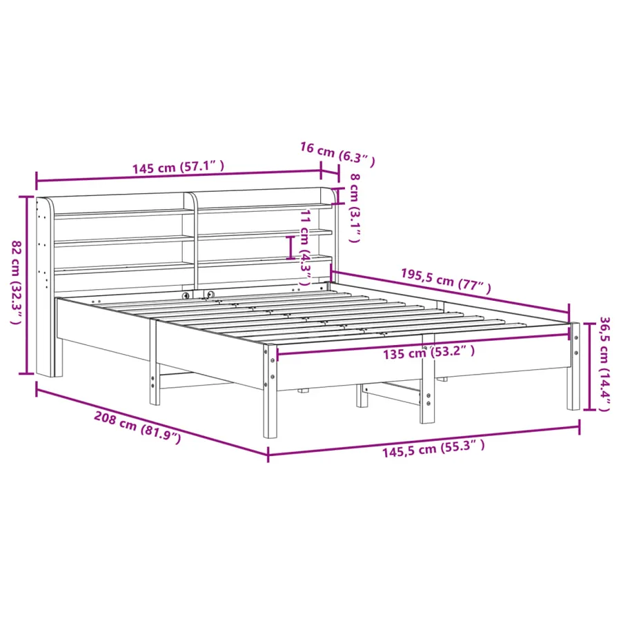 Cadre de lit sans matelas cire marron 135x190cm bois pin massif - 12
